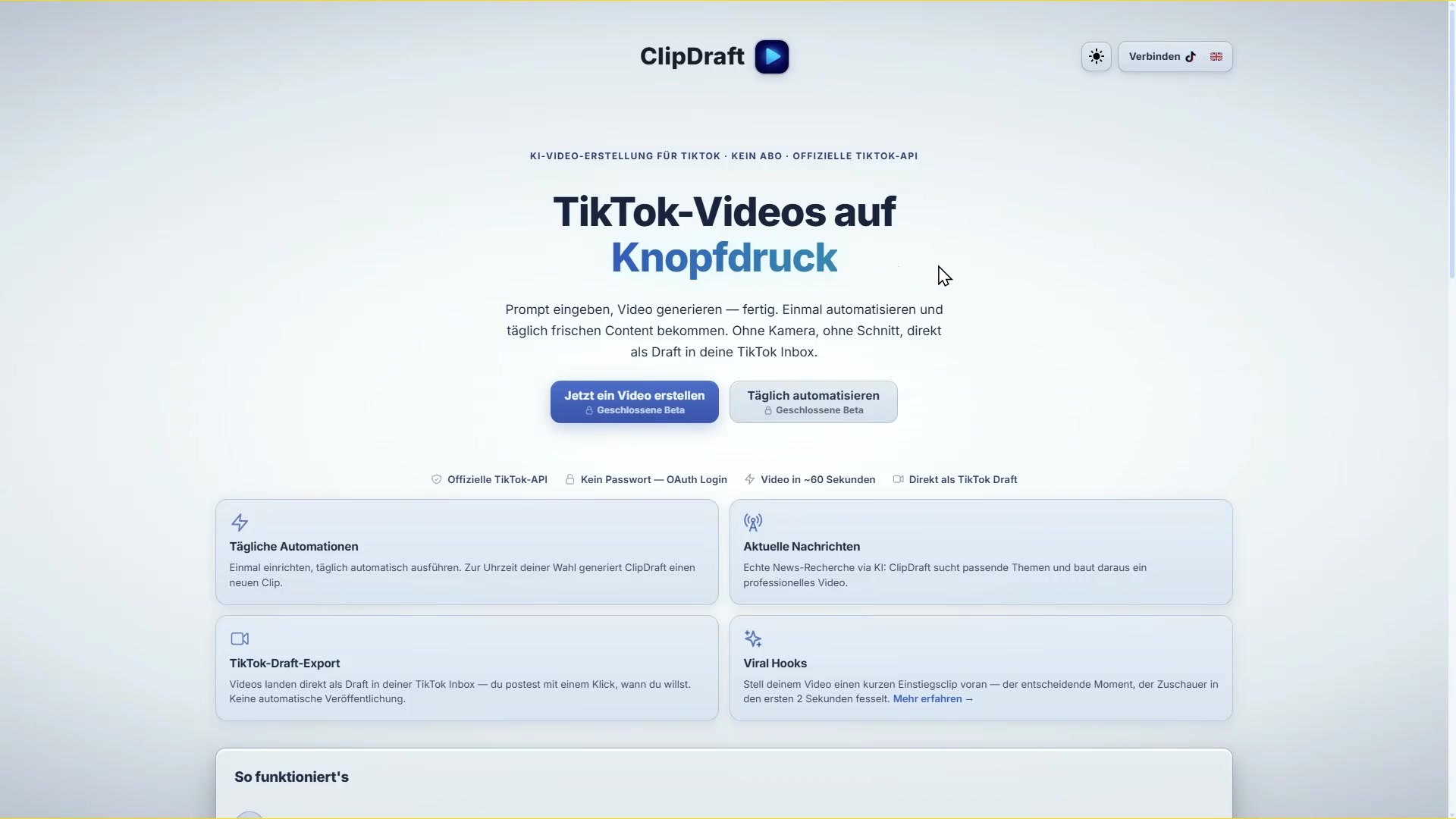 ClipDraft Demo – Connect TikTok